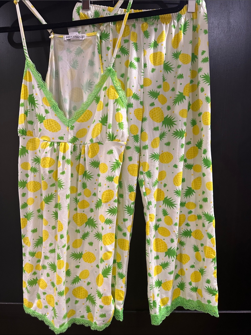 Pineapple-Print Green Lace Trim Pajama Set - Women